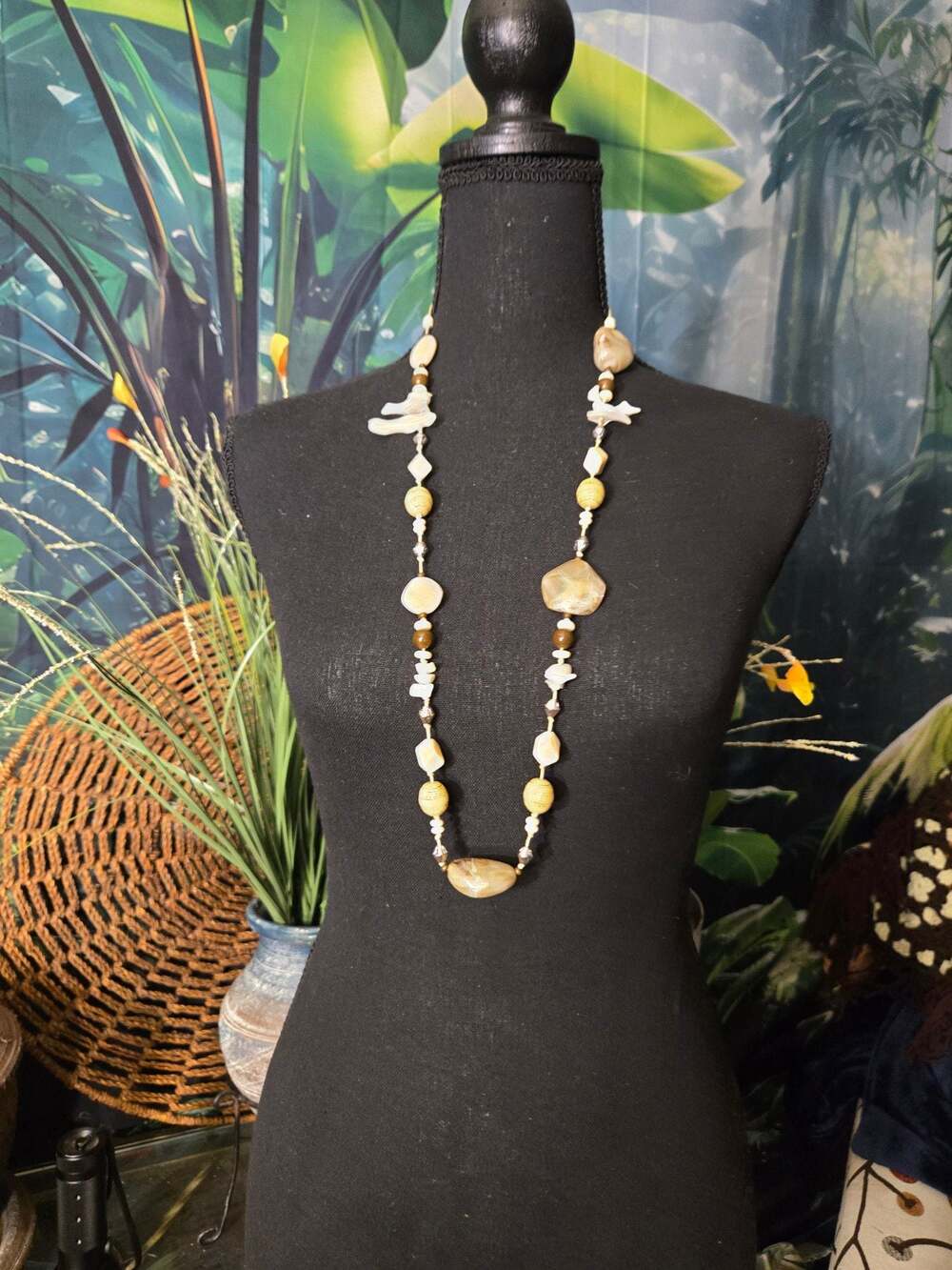 Chico's Long Beaded Statement Necklace with Natural Shells and Acrylic Beads